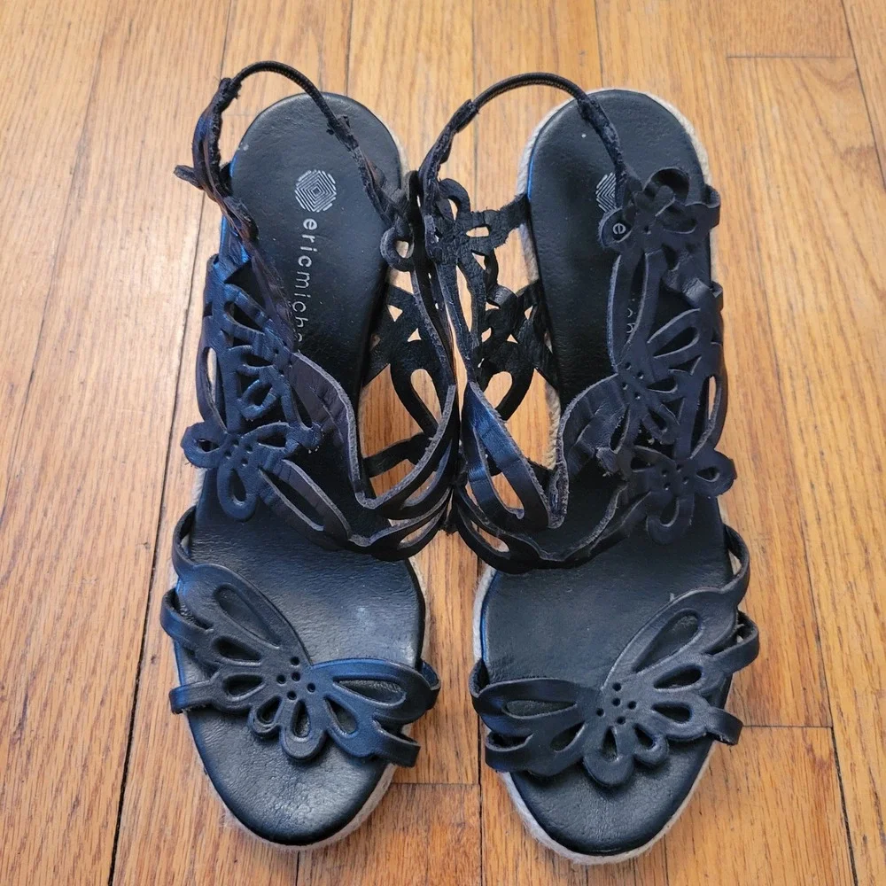 Eric Michael 7‎ Black Leather Floral Cutout Espadrille Wedge Sandals JILLIAN 37